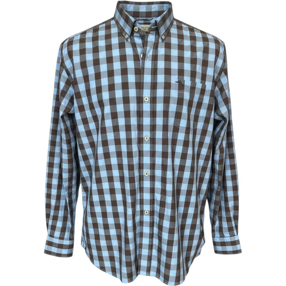Tommy Bahama Mens Large Pima Cotton Gingham Button Down Shirt Brown Blue Large